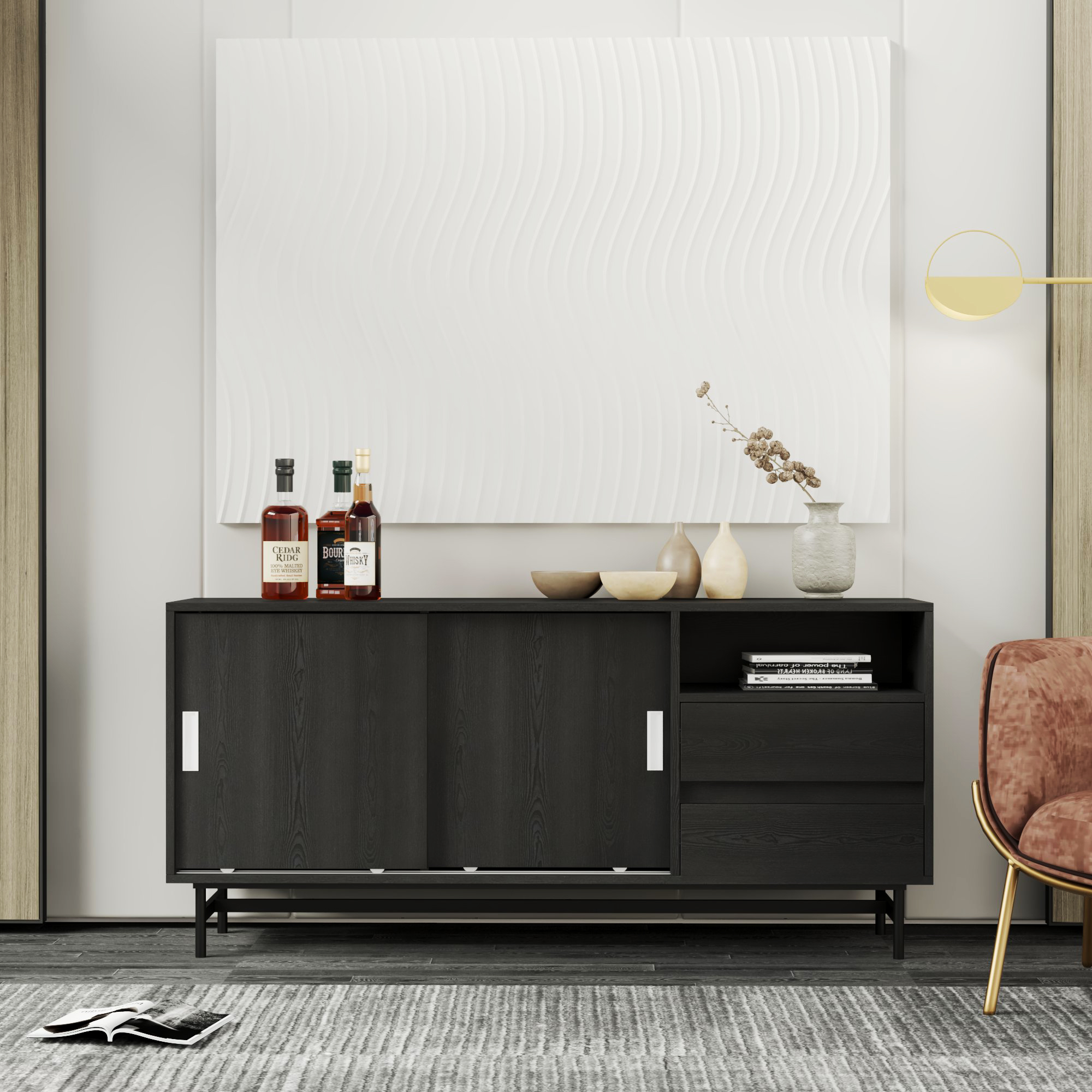 [Happy Home Furniture] LUCA, Tủ lưu trữ 2 ngăn cánh lùa - Chân sắt, 150cm x 36cm x 70cm ( DxRxC), TCL_023