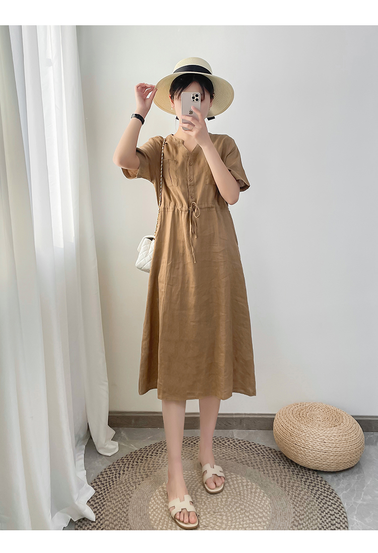 Đầm hè nữ linen suông cổ trụ tay cộc túi bổ trước, chất vải linen mềm mát Đũi Việt