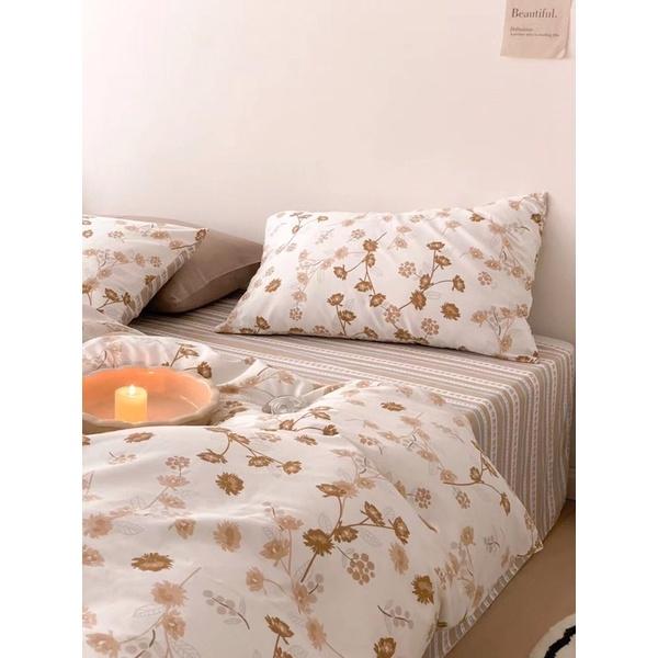 Bộ Chăn Ga Gối Cotton Living 100%cotton Hàng Nhập Khẩu Cao Cấp 4 Món Hoa Nâu