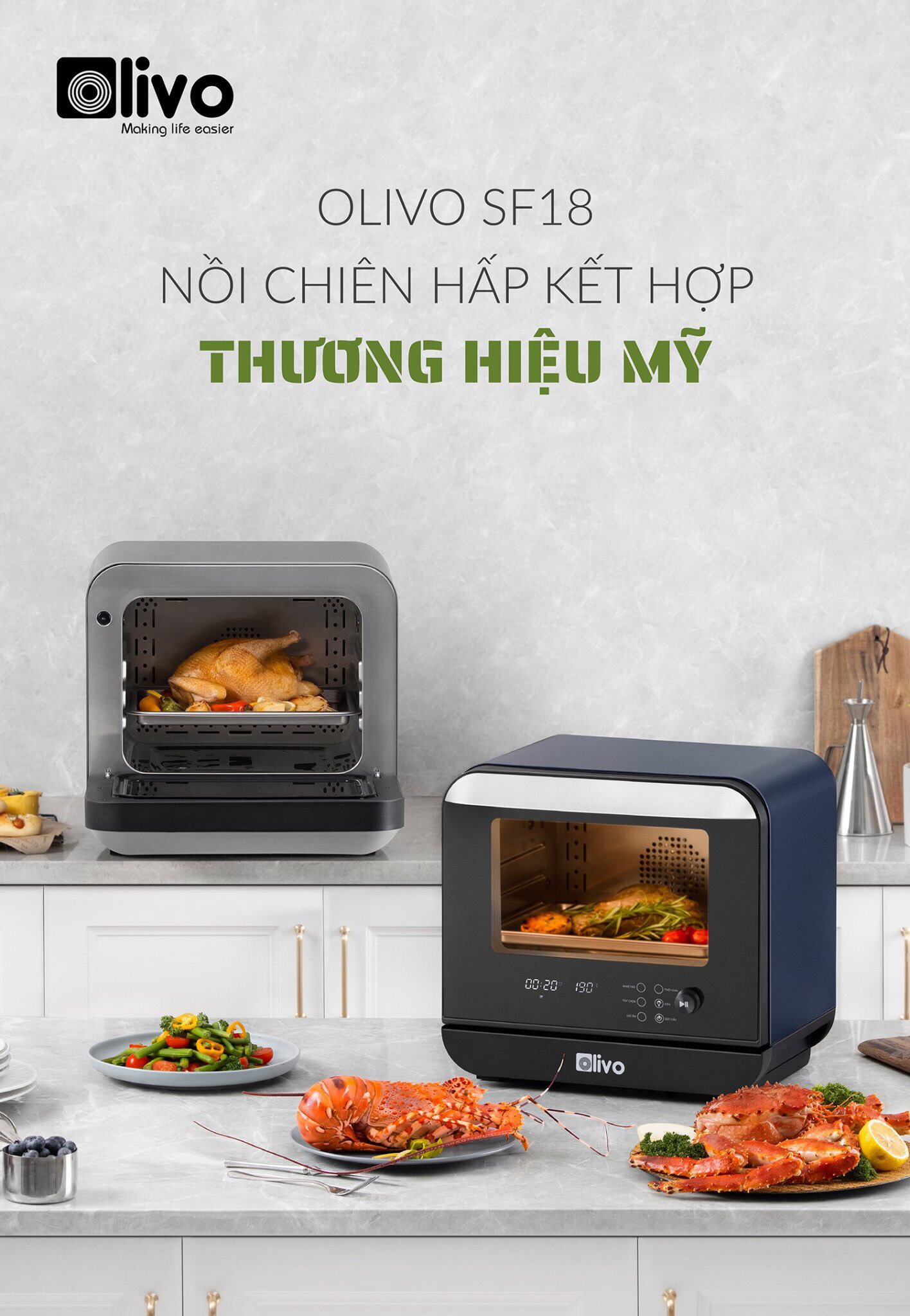 Nồi Chiên Hơi Nước OLIVO SF18 - 50 Chức Năng - Dung Tích 18L - Công Suất 2450W - Thương Hiệu Mỹ - Hàng Chính Hãng