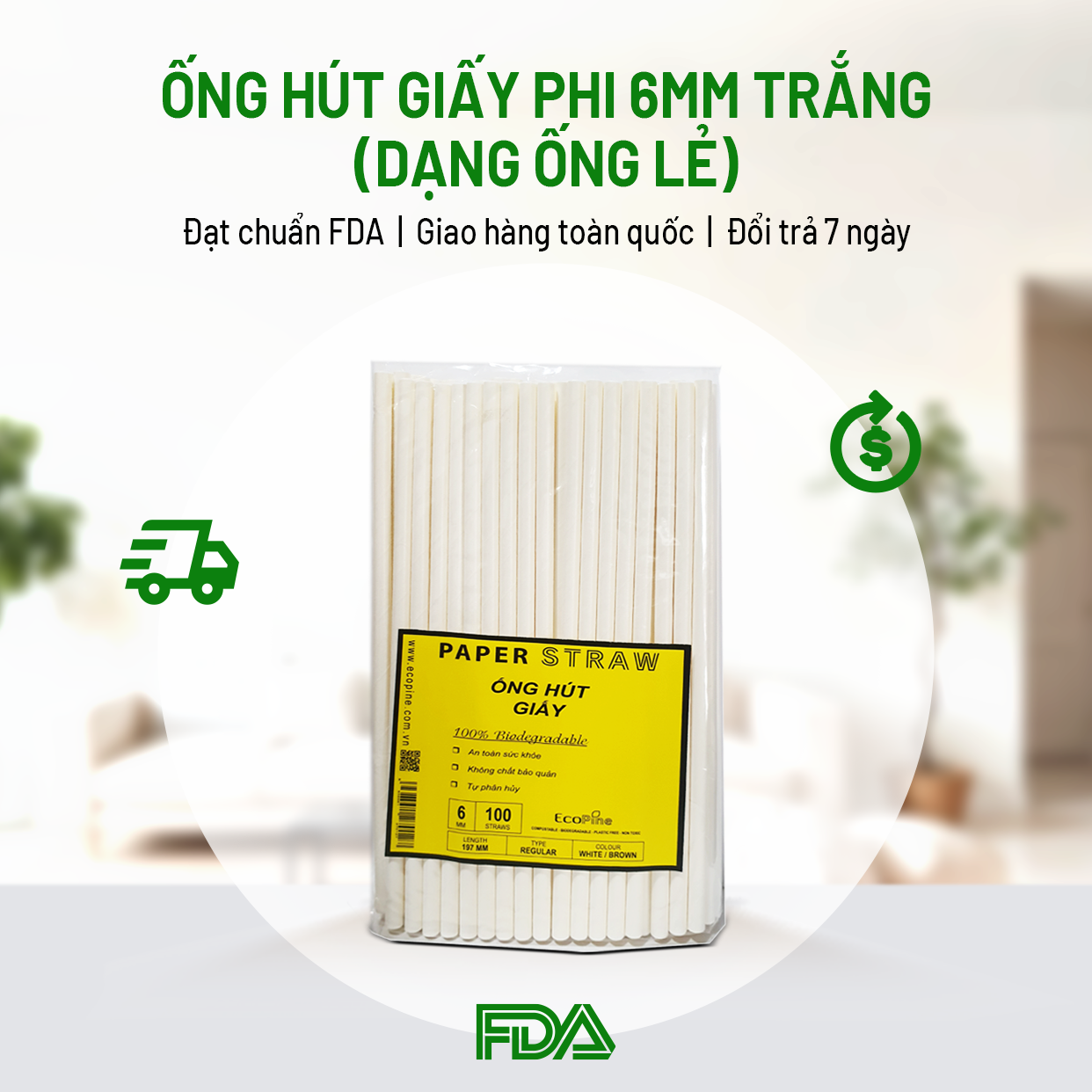 Bịch 100 ống hút giấy phi 6mm màu trắng ECOPINE