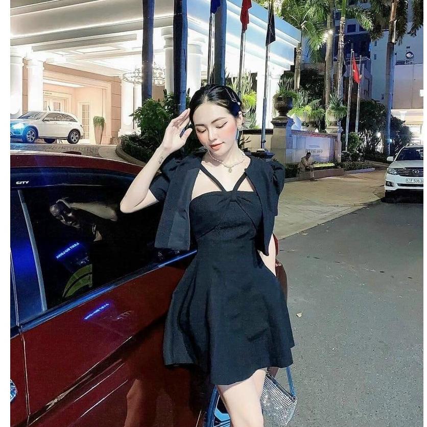 Đầm xoè cổ chéo  kèm áo khoác xịn xò