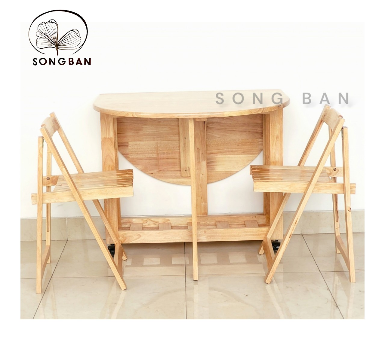 Bộ Bàn Ăn Gỗ Cao Su Xếp Chữ Nhật, Ovan 90x1m2 và 04 Ghế Gỗ Xếp Dày Dặn - Gỗ Song Bản