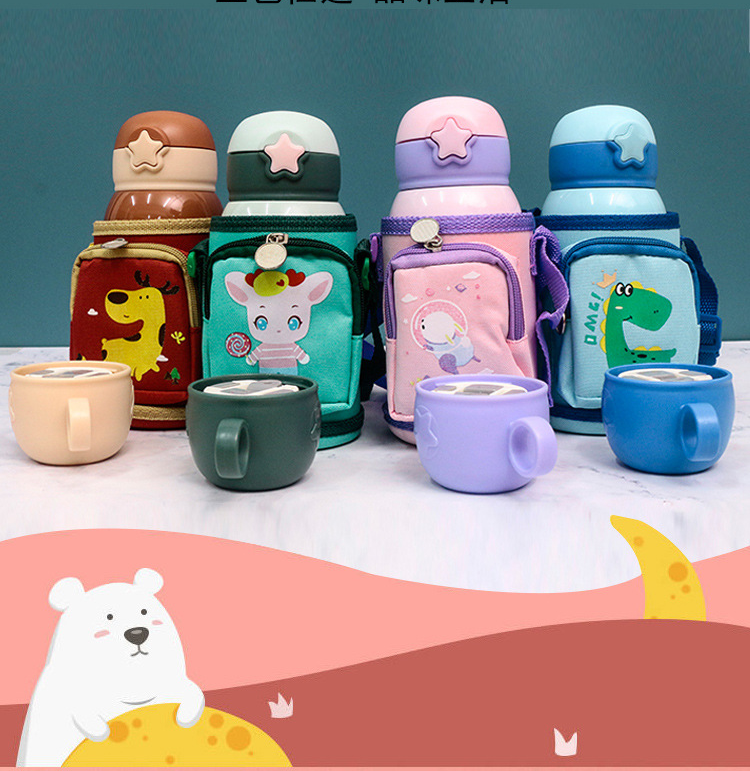 Cốc Bình Giữ Nhiệt Nóng Lạnh Cho Bé /Trẻ Em Đi Học 500ml+Kèm Túi Đựng 2 lớp Có Cốc Hình Khủng Long