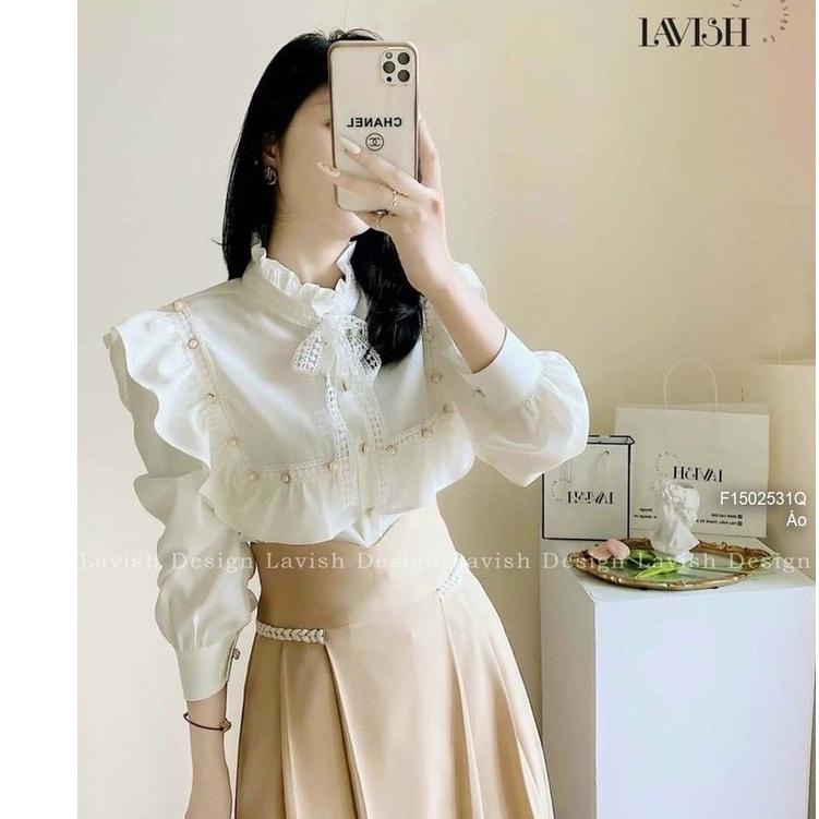 Áo sơ mi kiểu đính nút ngực phối bèo cổ thắt dây nơ tay dài!