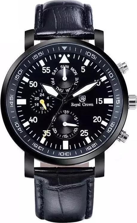 Đồng hồ nam chính hãng Royal Crown 5603 - dây da đen (mặt đen)
