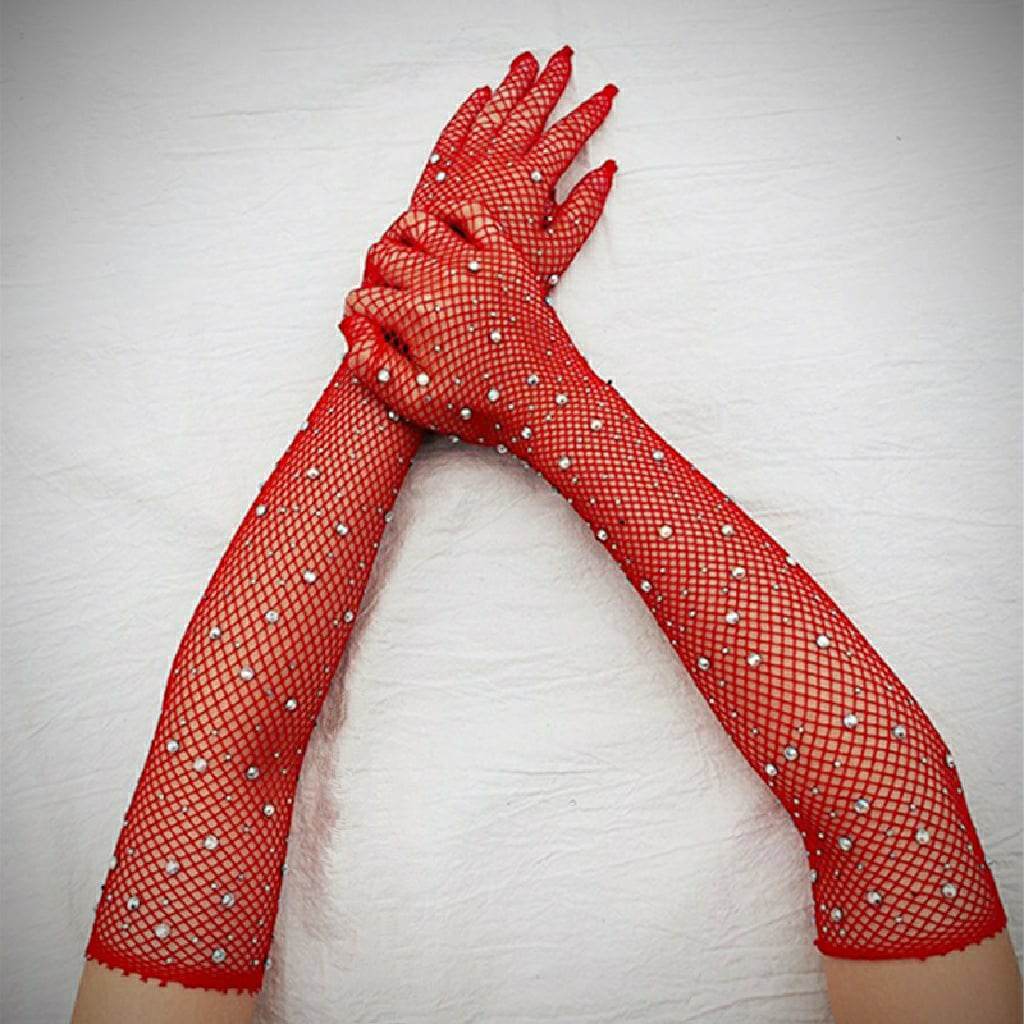Găng tay sang chảnh màu đỏ dạng lưới đính đá lấp lánh cho Cô dâu và Dạ hội, đi tiệc, sự kiện, lễ hội, đạo cụ chụp ảnh, studio MS: 44839