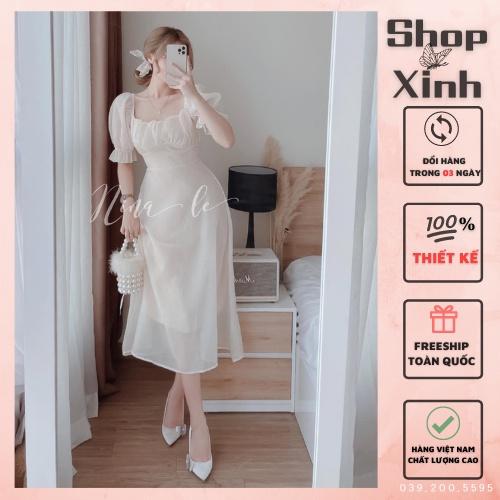 Váy babydoll tiểu thư voan tơ cổ vuông nơ lung, đầm trễ vai công chúa phong cách ulzzang hàn quốc