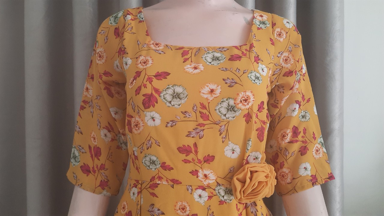 Đầm xòe hoa Vintage gắn hoa hồng-MS0574D