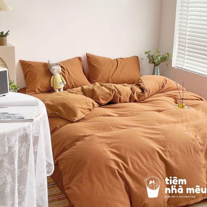 Bộ Vỏ Chăn Ga Gối Cotton Đũi 1m6/1m8/2m - Tiệm Nhà MêuSet 4 Món Cotton Đũi Màu Nâu Cam Siêu Mềm Mịn Cao Cấp Nhập Khẩu