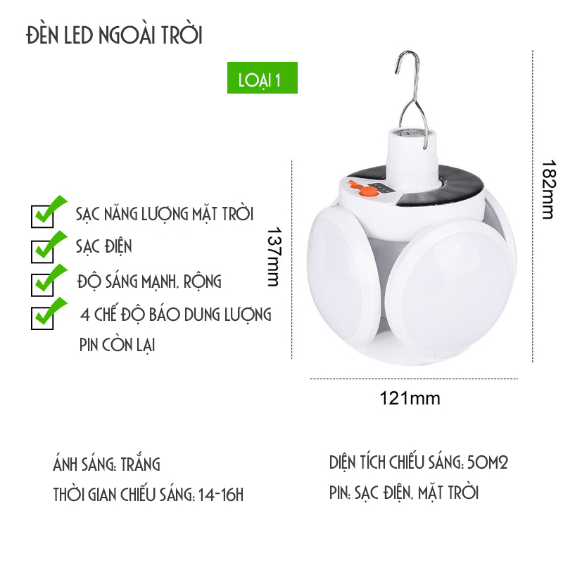 ĐÈN LED NĂNG LƯỢNG MẶT TRỜI, SẠC ĐIỆN NGOÀI TRỜI SÂN VƯỜN, CẮM TRẠI, TRỒNG CÂY, HỘI CHỢ