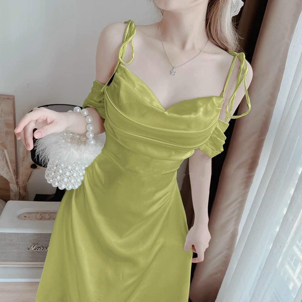 Đầm midi lụa satin 2s xếp ly ngực xinh xắn