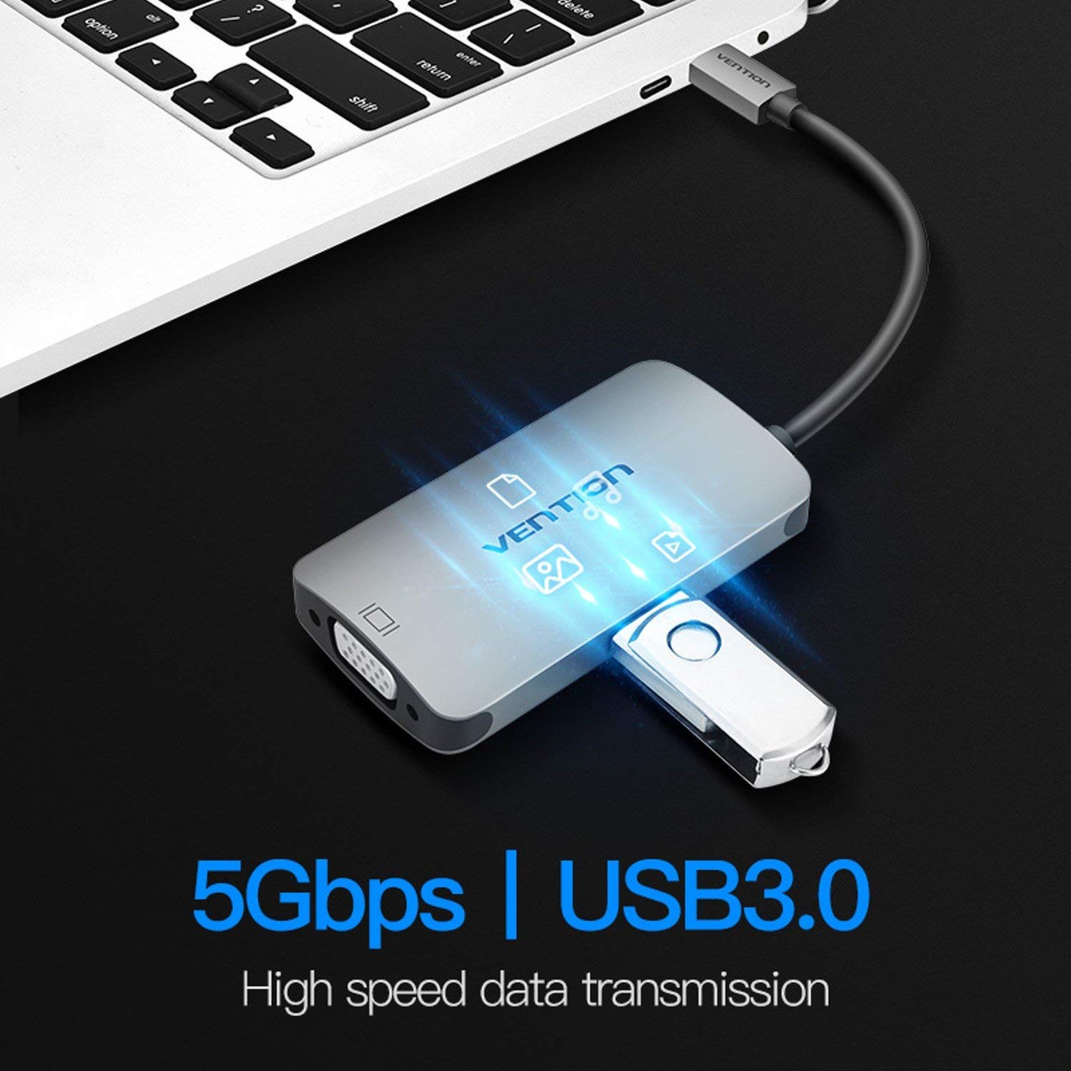 Cáp chuyển đổi Type-C sang VGA + 1 cổng USB 3.0 + Type-C PD hàng chính hãng Vention CGJHA