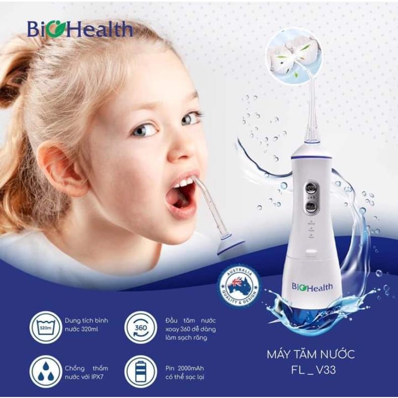 Máy tăm nước Biohealth FLV33, thương hiệu Úc, Tặng kèm 4 đầu xịt, làm sạch răng nướu, giảm viêm lợi sâu răn
