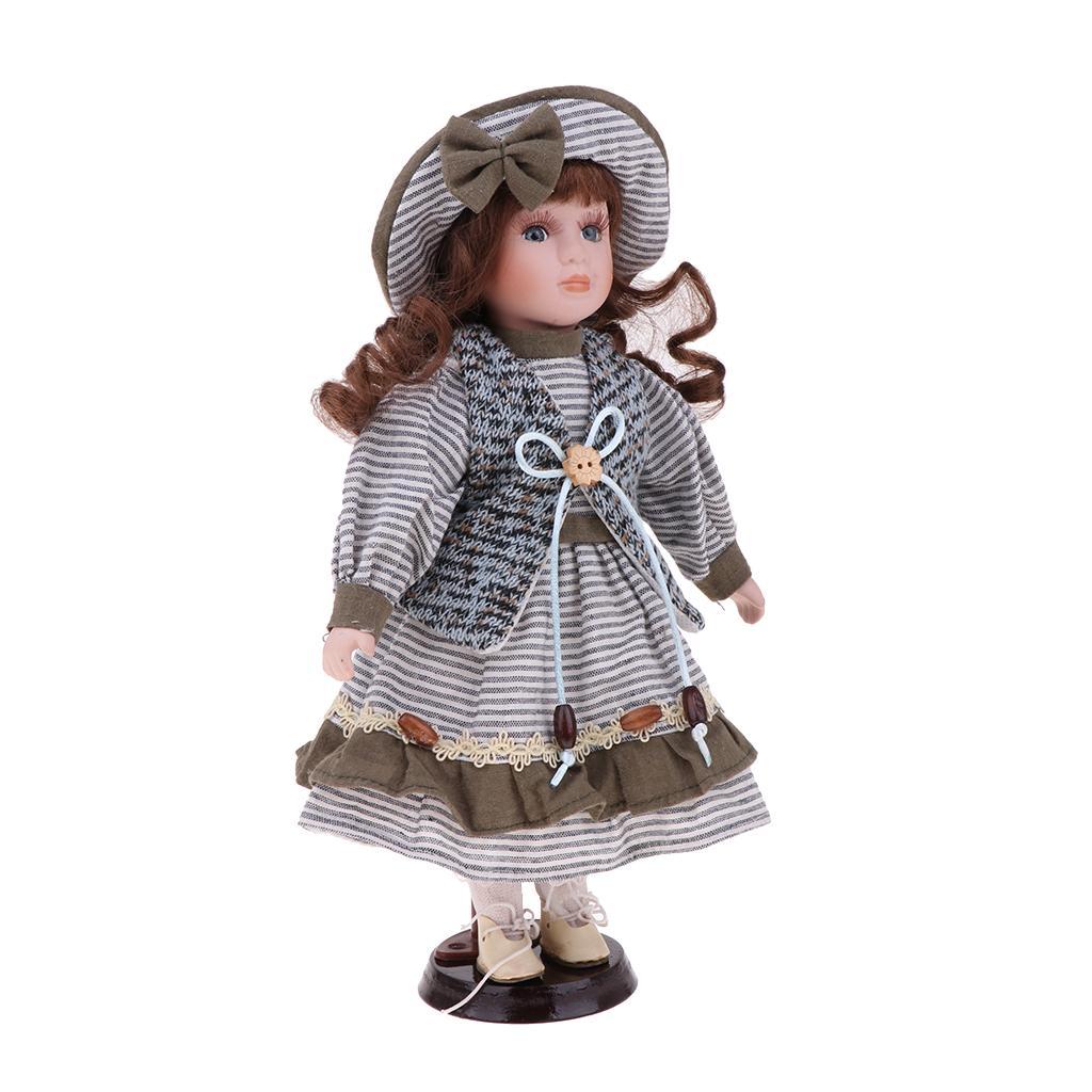 2x Lovely Porcelain Girl Doll People Figure with Gray Clothes Hat Set Gift