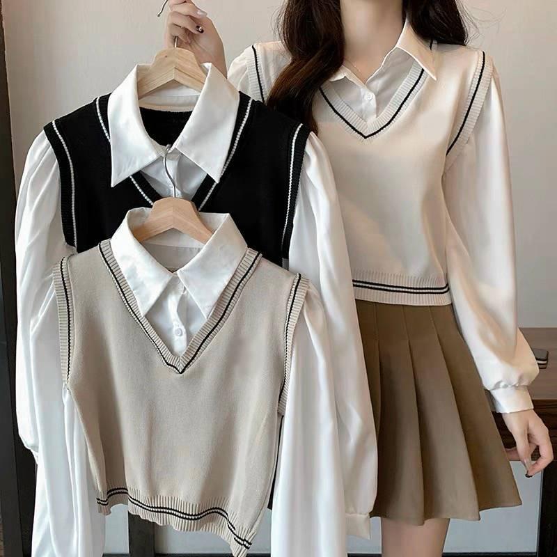 Áo len nữ Montoghi Quảng Châu GILE kiểu 2 lớp TAY DÀI phối cổ sơ mi xinh xắn