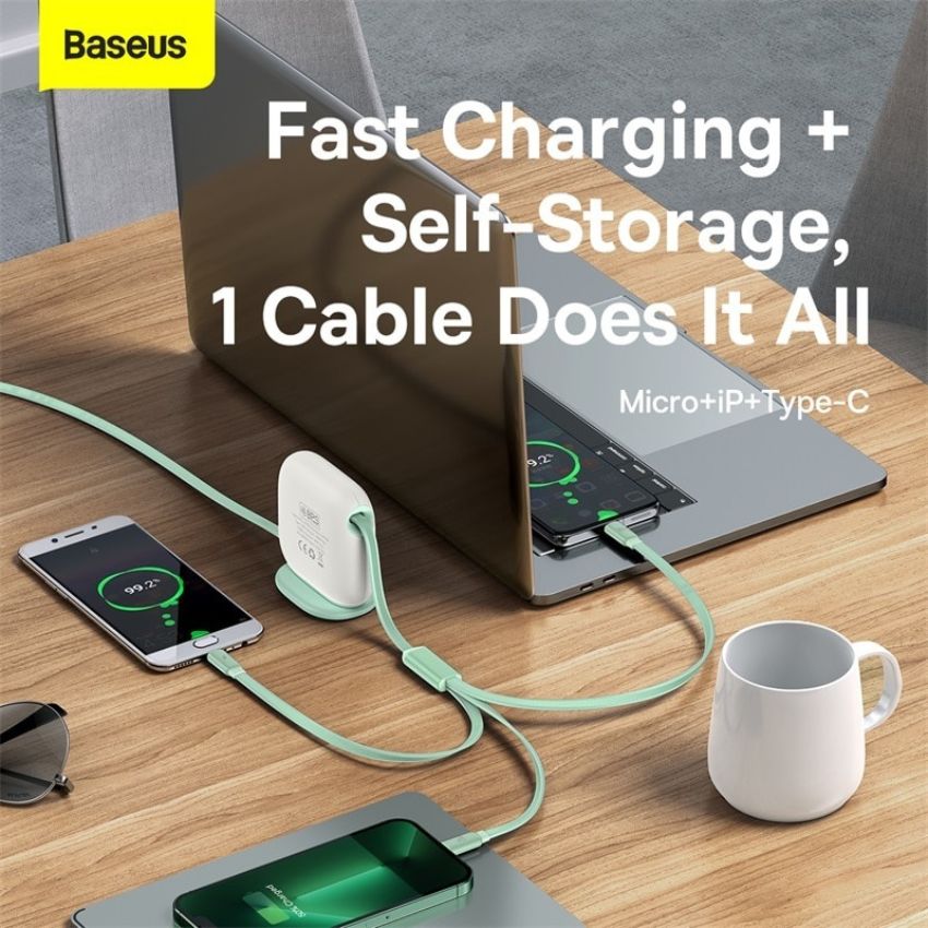 Cáp rút 3in1 Baseus Traction Series Retractable 3-in-1 Fast Charge Cable Desktop Organizer cho laptop, điện thoại, máy tính bảng- Hàng chính hãng