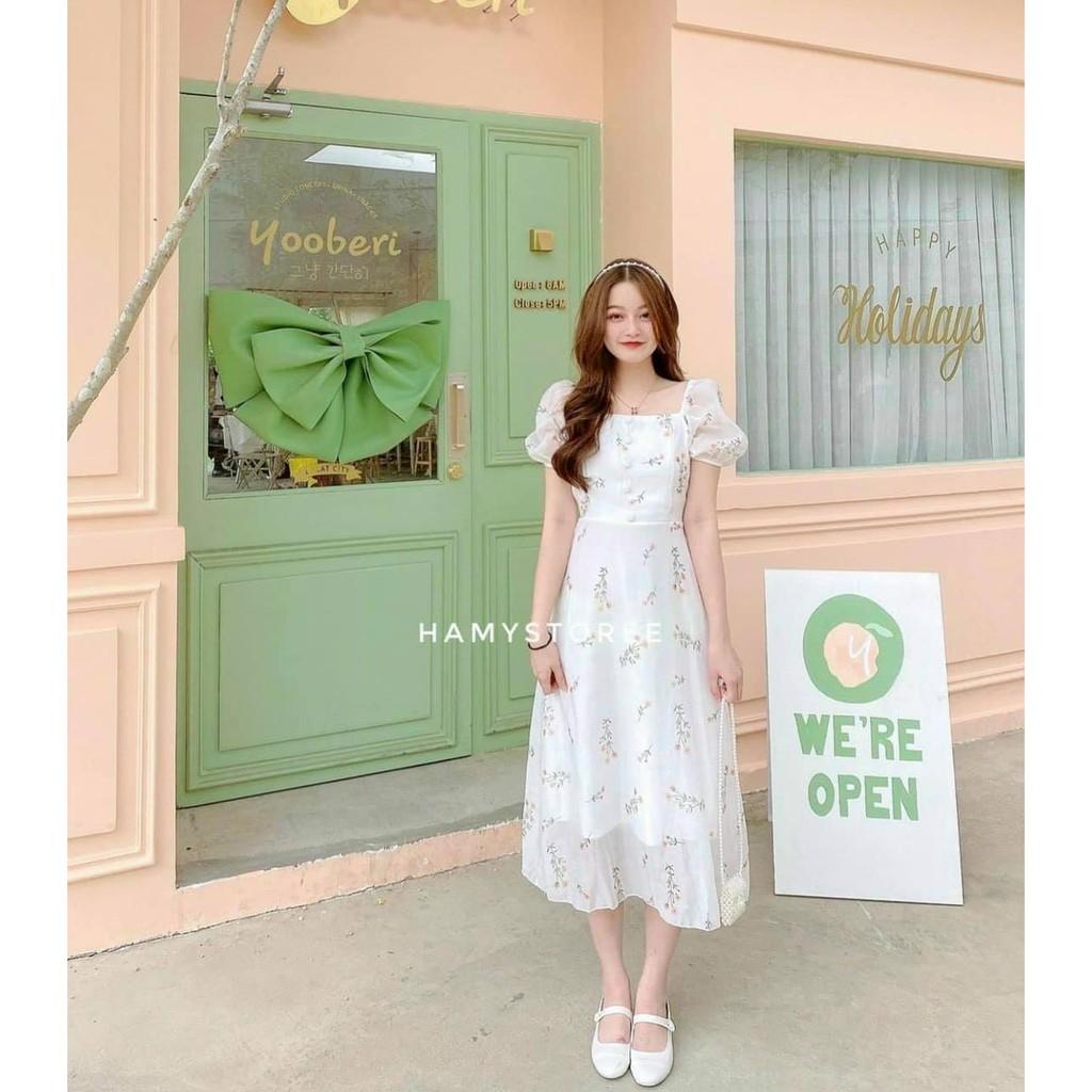 ĐẦM MIDI HOA CỔ VƯƠNG TAY PHỒNG
