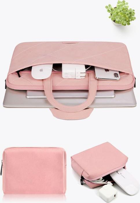 Túi xách da chống sốc cho máy tính, macbook, laptop màu hồng cute - Tặng kèm gấu bông và ví đựng phụ kiện