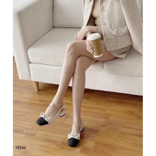 Giày sandal dáng slingback nữ mũi tròn đen phối nơ xinh xắn đế 3cm 2 màu đen trắng phong cách công sở nữ tính - Mã G55