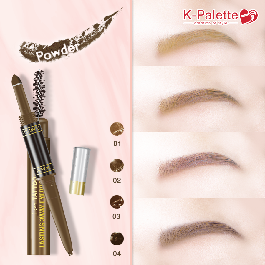 Bút Vẽ Lông Mày 3 Đầu Nhật Bản, Đầu Chì, Đầu Bột, Cọ Chải, K-Palette Eyebrow Pencil, Chống Lem, Lâu Trôi, Bền Màu 24h (03 Màu Nâu Mocha)