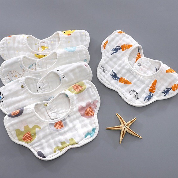 Set 2 khăn yếm xô nhăn 2 mặt cổ tròn 4 lớp xoay 360 độ có cúc bấm cho bé