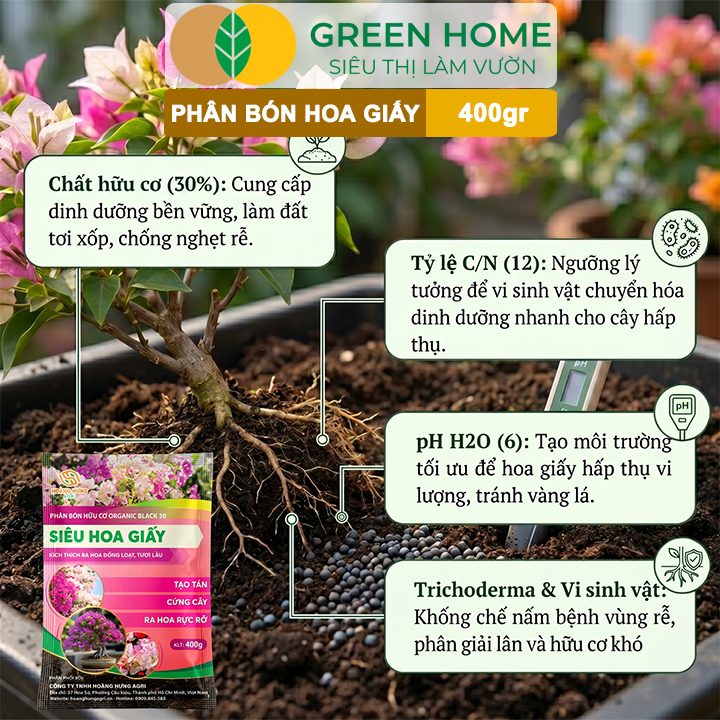 Phân Bón Hoa Giấy GreenHome, Bao 400gr, Hữu Cơ, Ra Bông Nhiều, Lâu Tàn, Giúp Thân Cứng Cáp, Tạo Tán