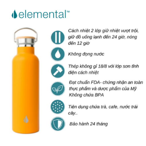 BÌNH GIỮ NHIỆT ELEMENTAL MÀU VÀN CAM (750ML), BÌNH NHẬP KHẨU MỸ, ĐẠT CHUẨN FDA HOA KỲ, THÉP 304 KHÔNG GỈ, GIỮ NÓNG LẠNH