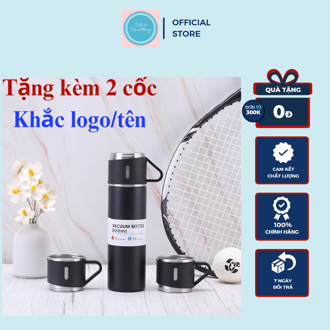 Bình giữ nhiệt 500mL, tặng kèm 2 cốc sang trọng, inox 304 bền đẹp