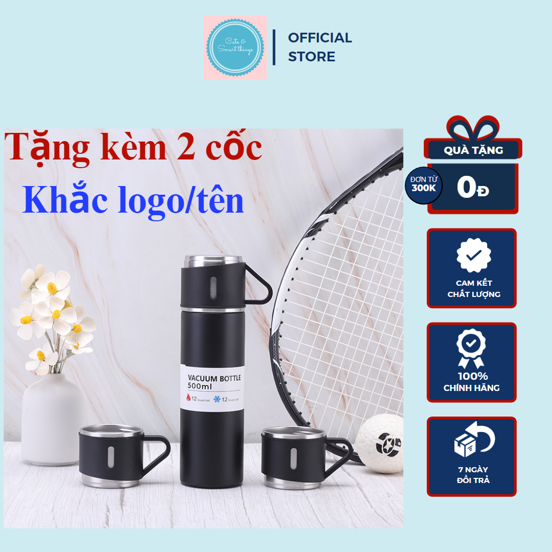 Bình giữ nhiệt 500mL, tặng kèm 2 cốc sang trọng, inox 304 bền đẹp (Khắc tên/logo theo yêu cầu)