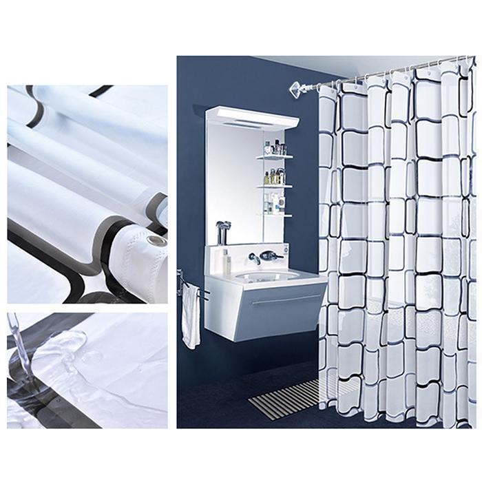 Rèm phòng tắm họa tiết vuông gam màu trắng, kèm theo móc, chống thấm HT718 - 180-180cm
