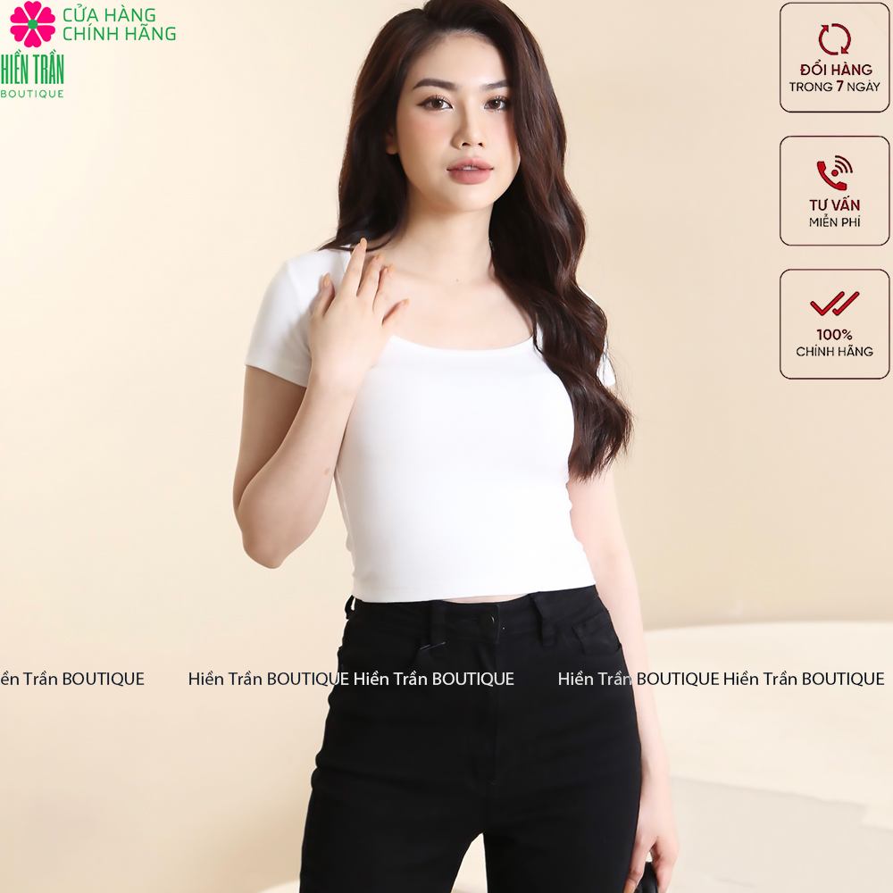 Áo croptop Hiền Trần BOUTIQUE cổ vuông cộc tay vải thun ôm body crotop nữ cotton co giãn tốt