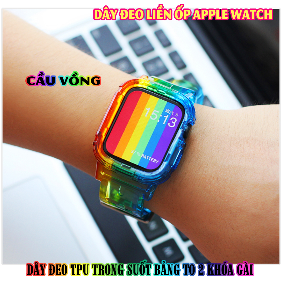 Dây đeo liền ốp dành cho Apple Watch 7/6/5/4/3/2/1 size 38/40/41/42/44/45mm TPU trong suốt bản to 2 khóa gài - nhiều màu (tặng cường lực dẻo theo size)