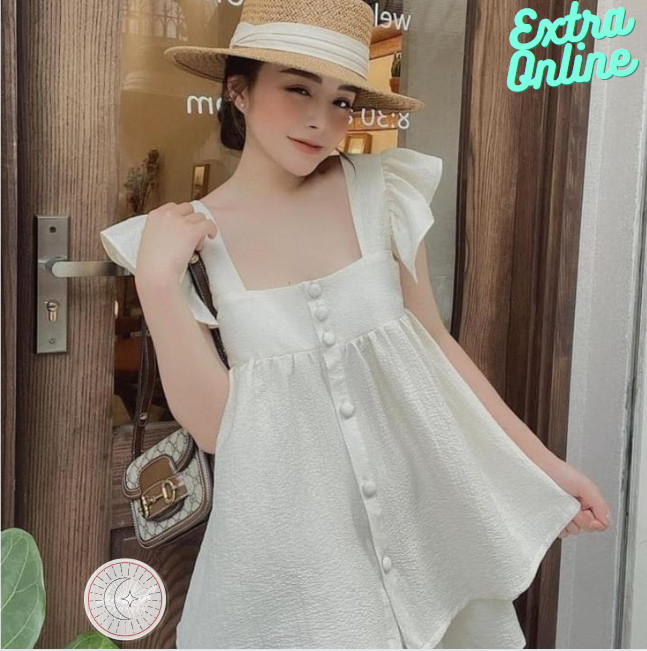 Đồ bộ nữ mặc nhà, Đồ ngủ nữ cánh tiên phối cúc vải đũi xốp mềm mát siêu sang