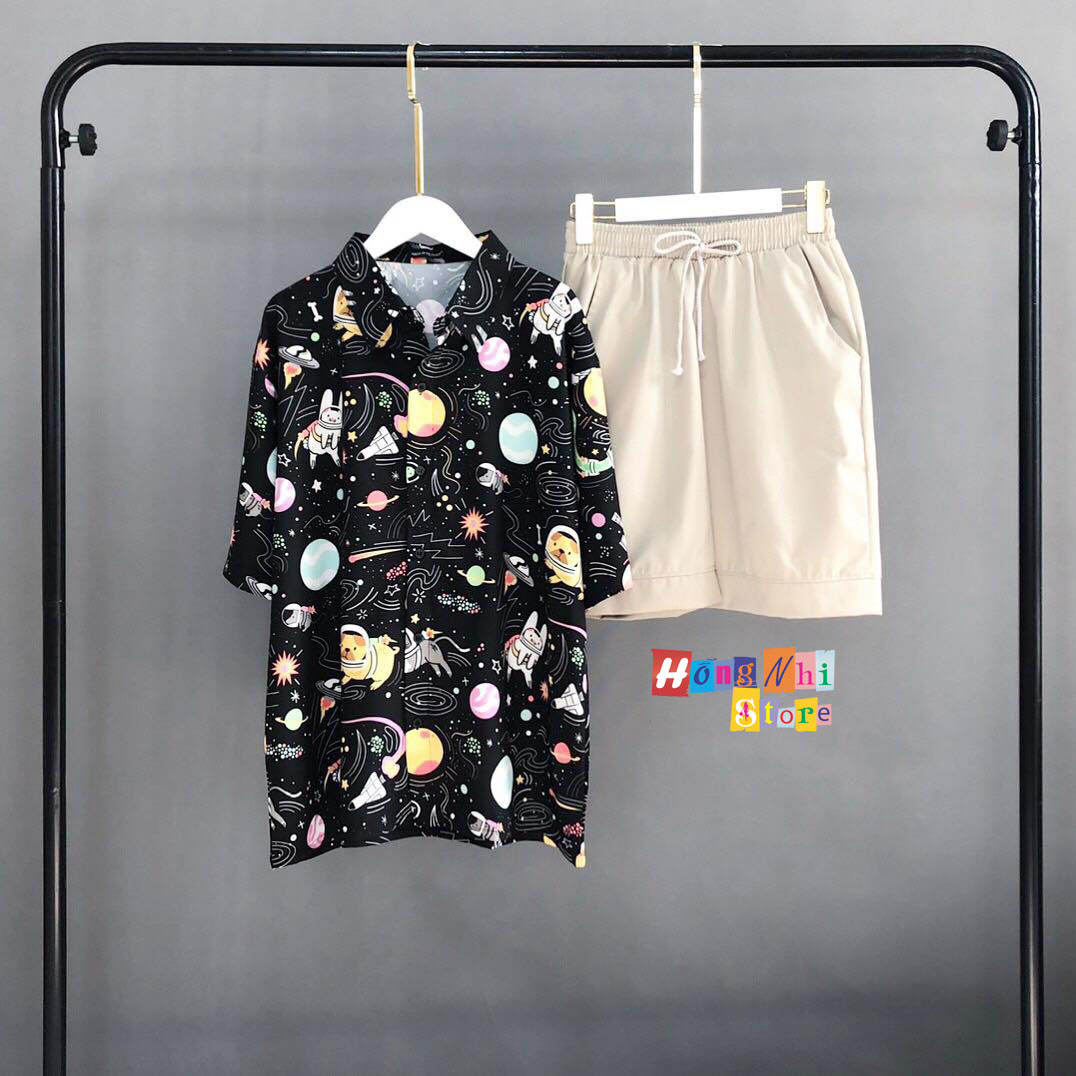 Áo Sơ Mi Hoạ Tiết Tay Lỡ Dáng Rộng, Sơ Mi Tay Lửng Unisex - MM
