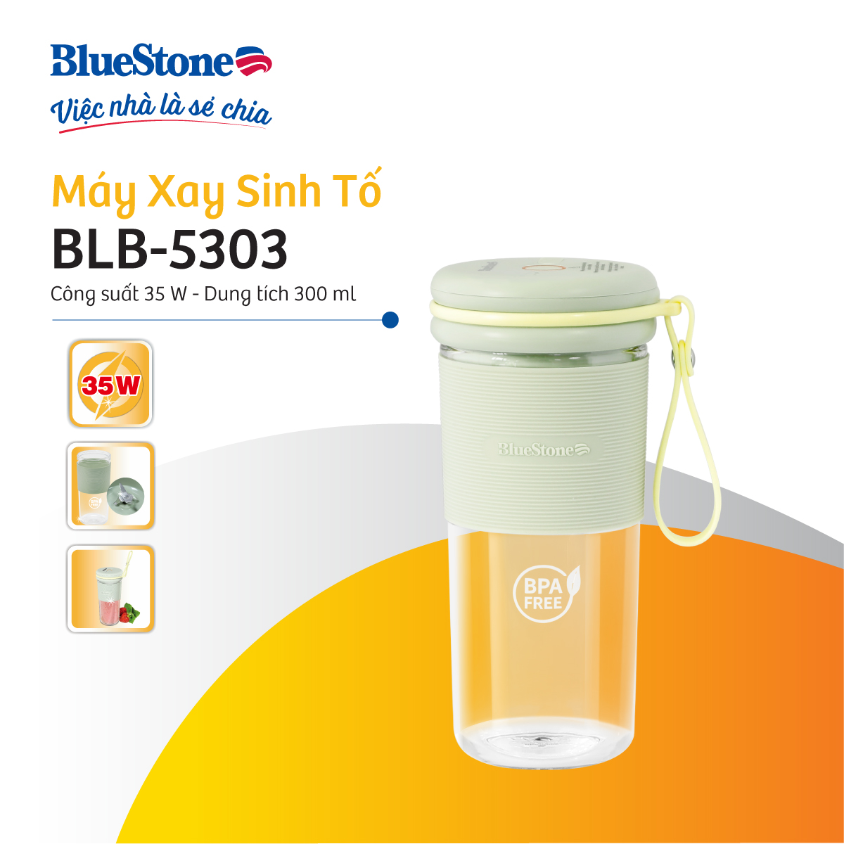 Máy Xay Sinh Tố Cầm Tay mini BlueStone BLB-5303 - Dung tích 300ml - Công suất 35W - Lưỡi dao thép không gỉ - Xay thực phẩm mềm - Bảo hàng 2 năm - Hàng chính hãng