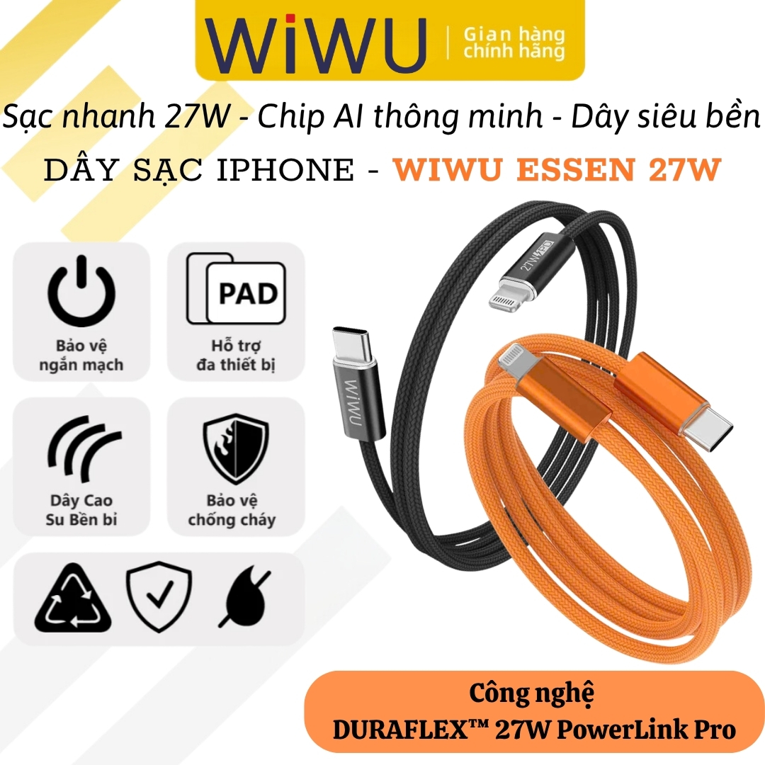 Dây cáp sạc nhanh PD 27W USB-C to Lightning công nghệ SmartChip AI DURAFLEX PowerLink Pro dài 150cm WIWU ESSEN cho iPhone/ iPad 7 8 11 12 13 14 Pro X Xs Max - Sạc nhiệt độ thấp, Chip thông minh, Dây bện siêu bền, Chống rối + dây buộc gọn - Hàng nhập khẩu