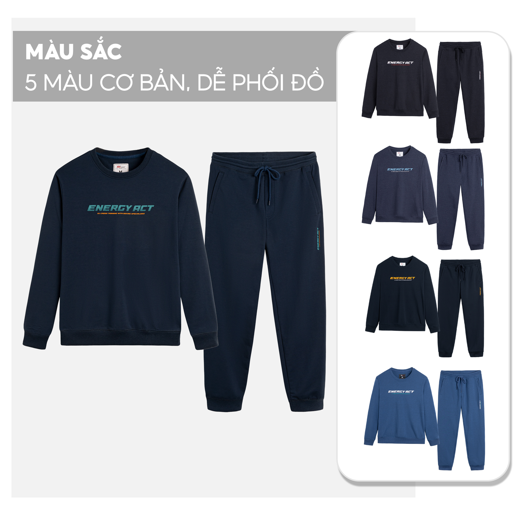 Bộ Quần Áo Nỉ Nam 5S ENERGY ACT, Chất Liệu Cotton USA Cao Cấp, Dày Dặn, Mềm Mịn, Thiết Kế Thể Thao, Năng Động