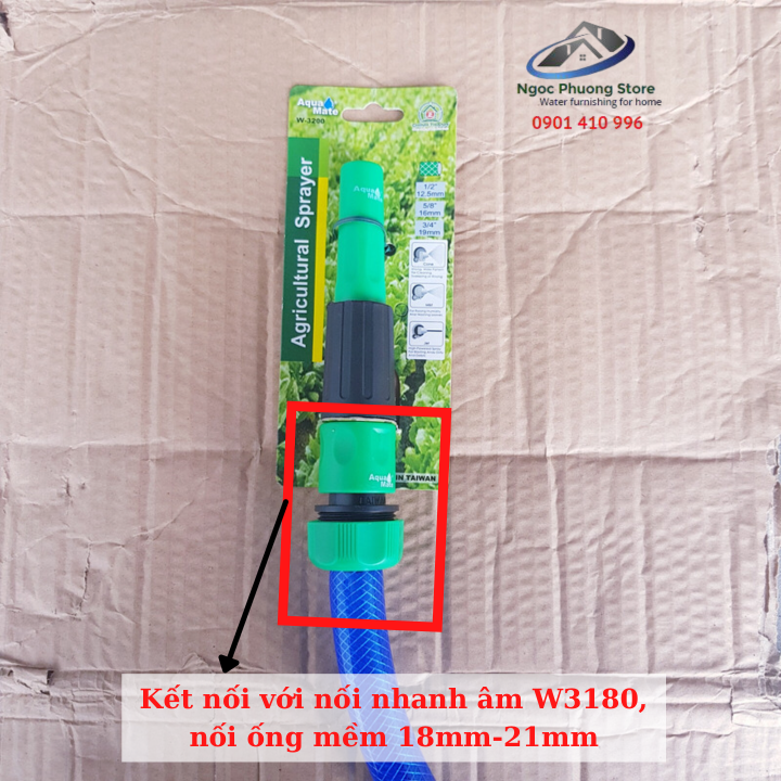 Vòi tưới cây bằng nhựa, nối ống mềm làm vườn thông qua cút nối nhanh AQUAMATE ĐÀI LOAN W3200