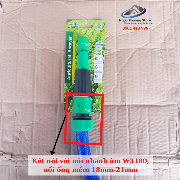 Vòi tưới cây bằng nhựa, nối ống mềm  làm vườn thông qua cút nối nhanh AQUAMATE ĐÀI LOAN W3200