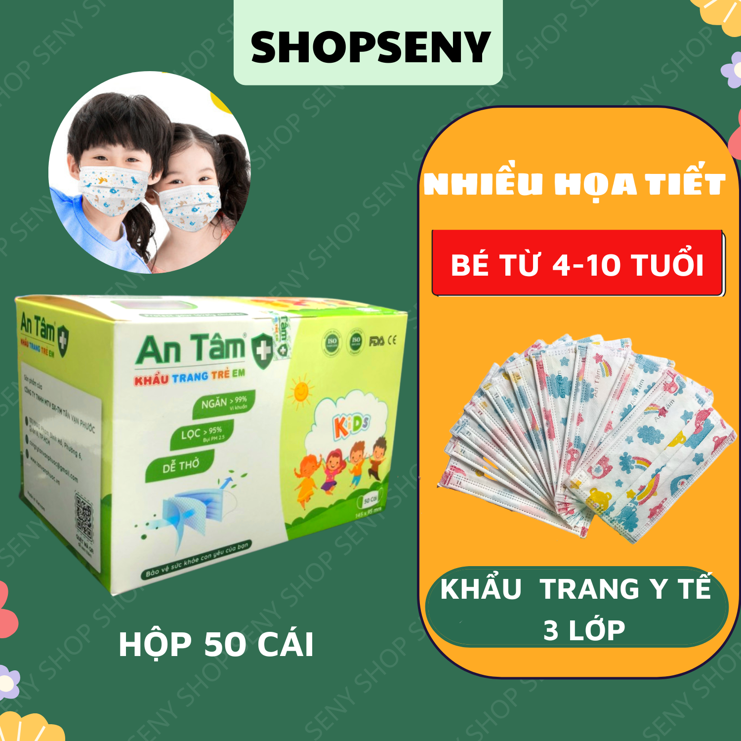 Hộp 50 cái khẩu trang trẻ em An Tâm 3 lớp kháng khuẩn cho bé từ 4-10 tuổi chống bụi mịn nhiều hoạ tiết khác nhau