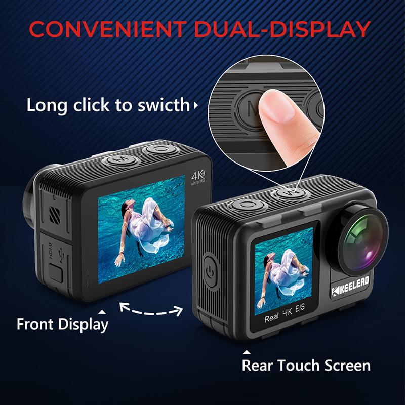 Camera hành động KEELEAD K80 4K 60FPS 20MP 2.0 LCD cảm ứng EIS Màn hình kép WiFi Thân máy 5m Chống nước Điều khiển từ xa Zoom 4X Cam thể thao