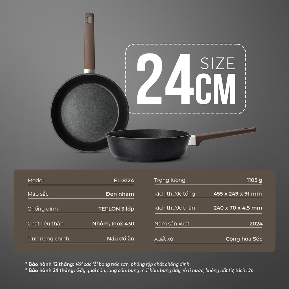 Chảo Chống Dính Siêu Bền Nhập Khẩu Elmich EL-8124 Size 24-28cm, Hàng Chính Hãng,Dùng Mọi Bếp-JoyMall