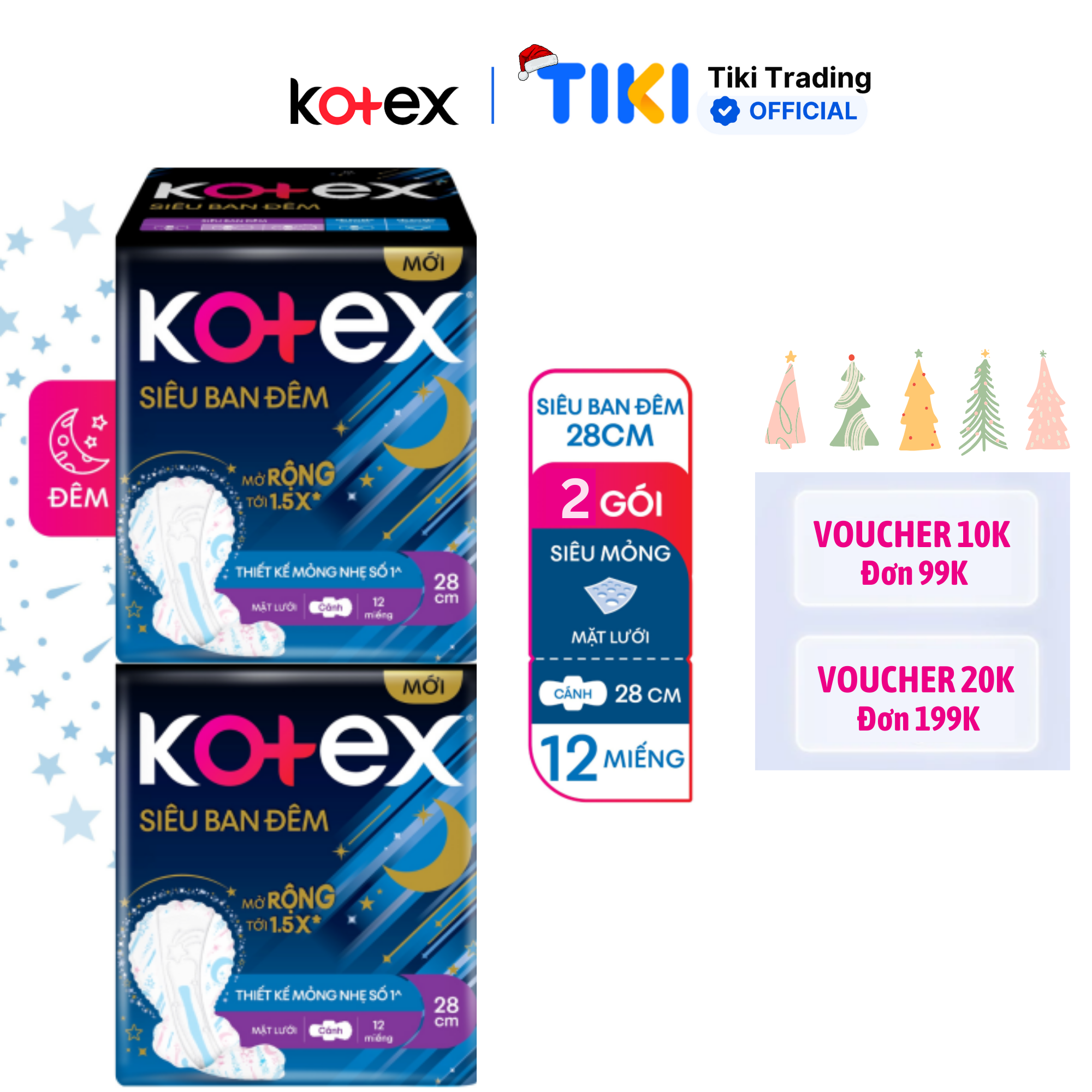 Combo 2 Băng Vệ Sinh Kotex Ban Đêm Đệm Sau 28cm (12 miếng/Gói)