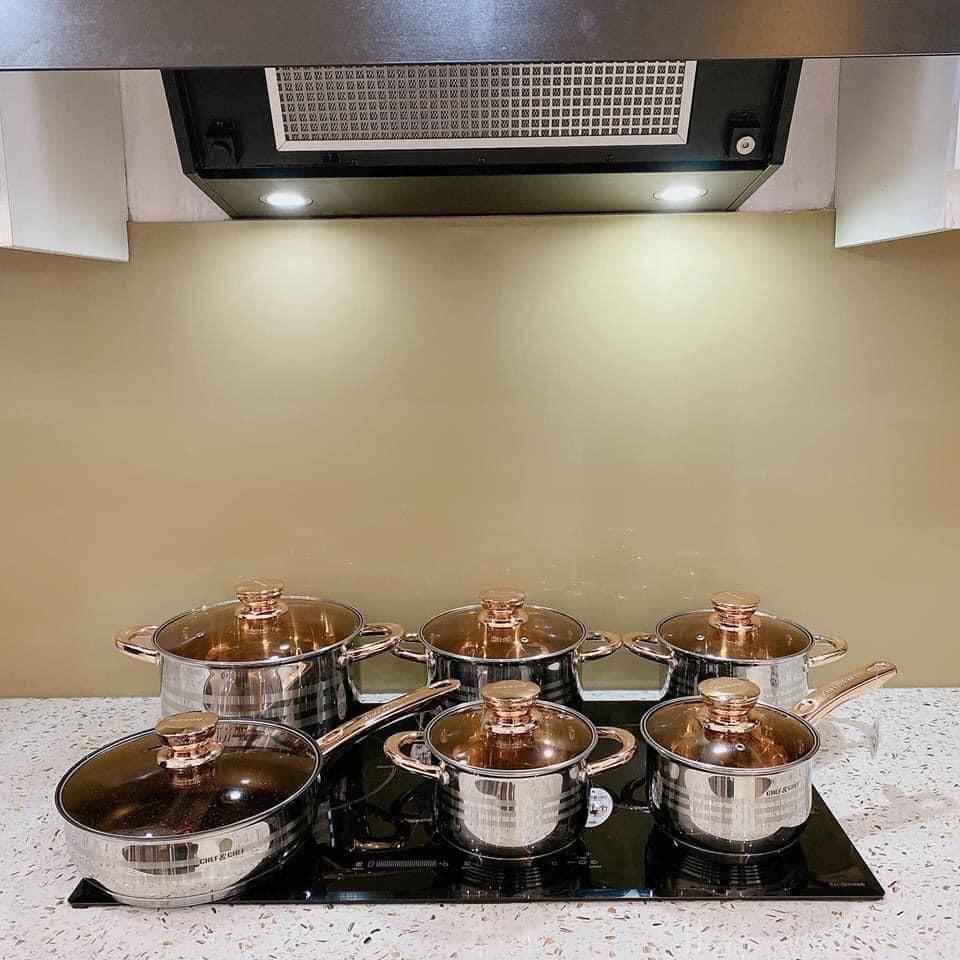 BỘ NỒI VÀ CHẢO 6 MÓN VUNG KÍNH CHEF&CHEF CỰC ĐẸP