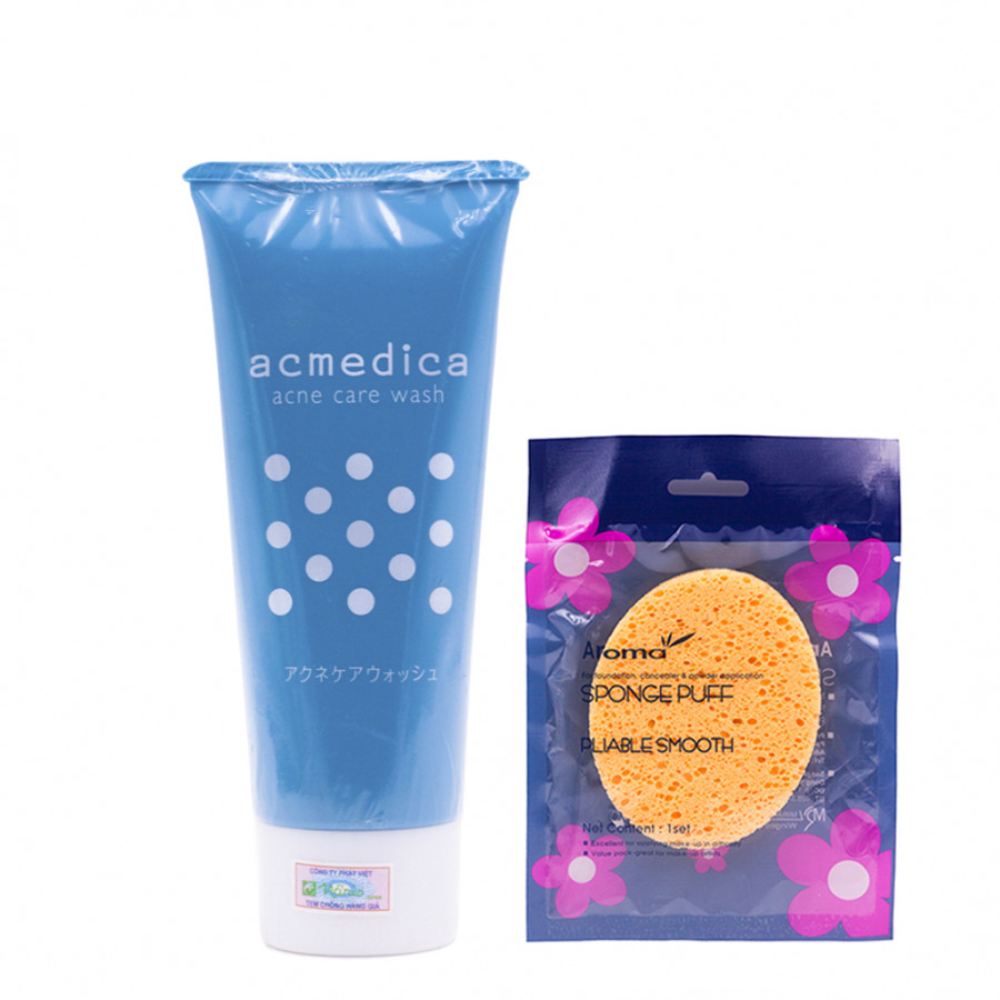Combo Sữa Rửa Mặt Ngăn Ngừa Mụn, Sạch Nhờn, Ngừa Thâm Nhật Bản Naris Cosmetic Acmedica Acne Care Wash + Bông bọt biển massage mặt Hàn Quốc Aroma – Hàng chính hãng