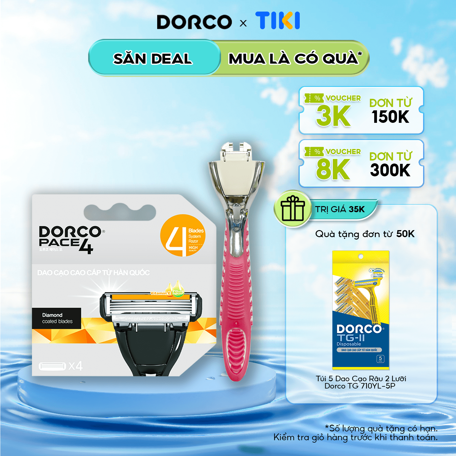 Vỉ 04 Đầu Cạo Râu 4 Lưỡi Dorco Pace 4 Fra 1040 - 4B Tặng Tay Cầm Dao Cạo Râu Dorco