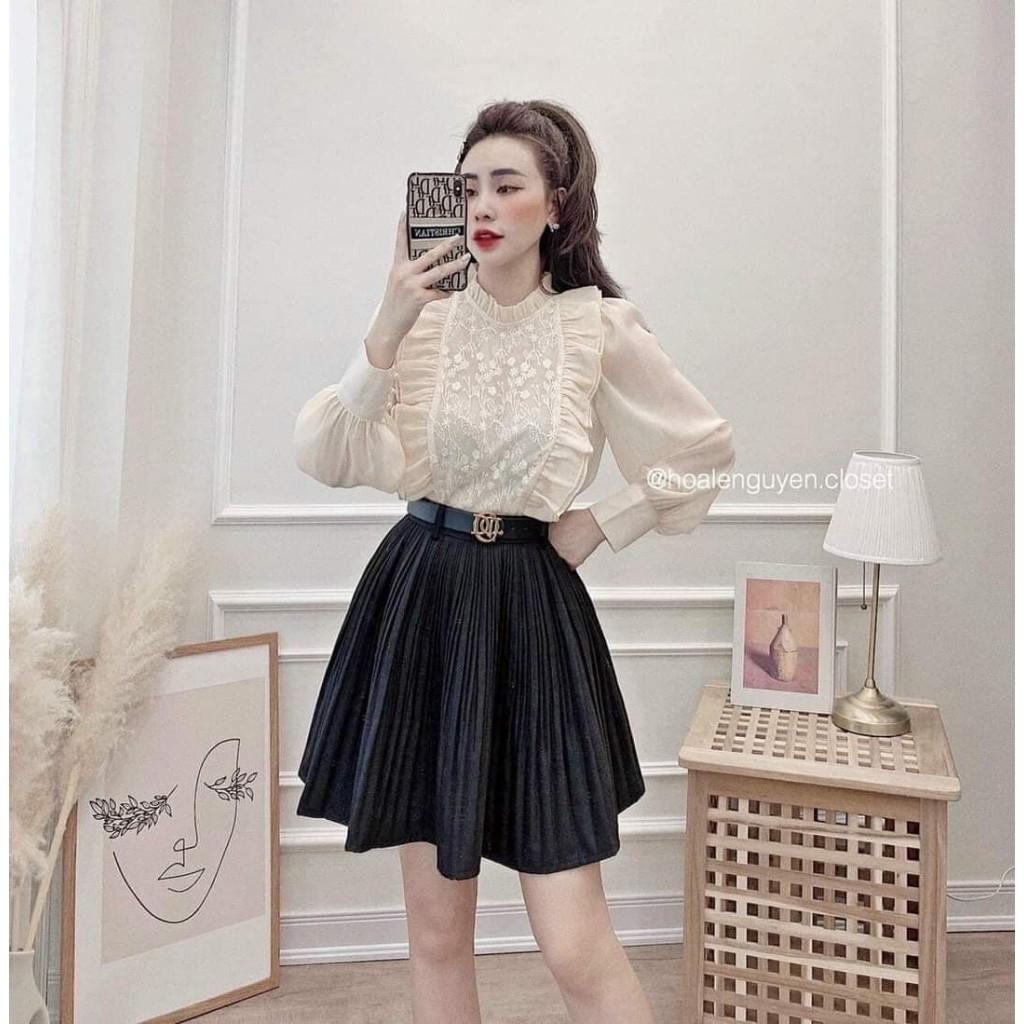 Áo Sơ Mi Tiểu Thư Thêu Ngực Viền Bèo Cực Xinh Thời Trang Cho Nữ