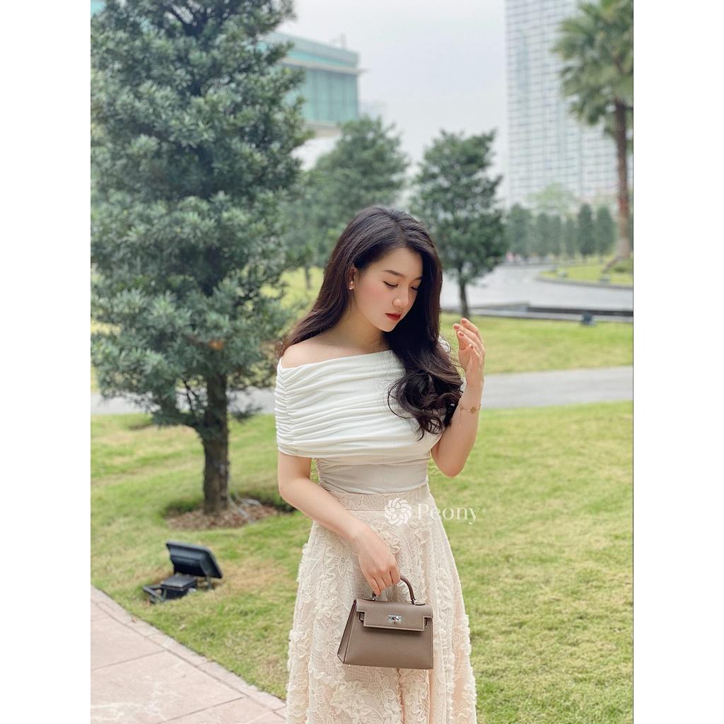 Áo trễ vai ngang bản to dúm sành điệu, 3 màu, hot trend, co giãn tốt Peony - LUAH TOP