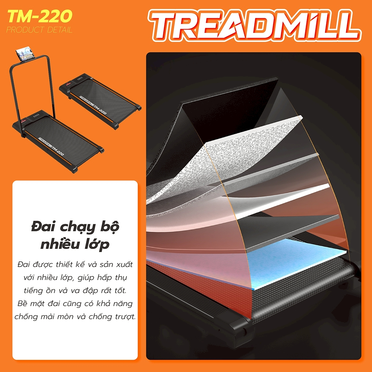 BG Máy Chạy Bộ Gập Gọn Có Điều Khiển Từ Xa,Có Tay Vịn TM-220A Chống Rung,Chống Ồn